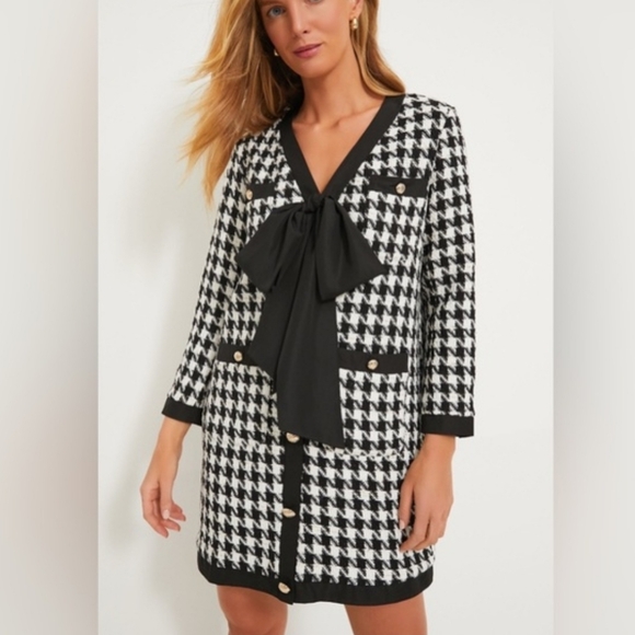 Tuckernuck Pomander Place Coco Tweed Bow Dress Black White Houndstooth Tweed Lg - Picture 1 of 12